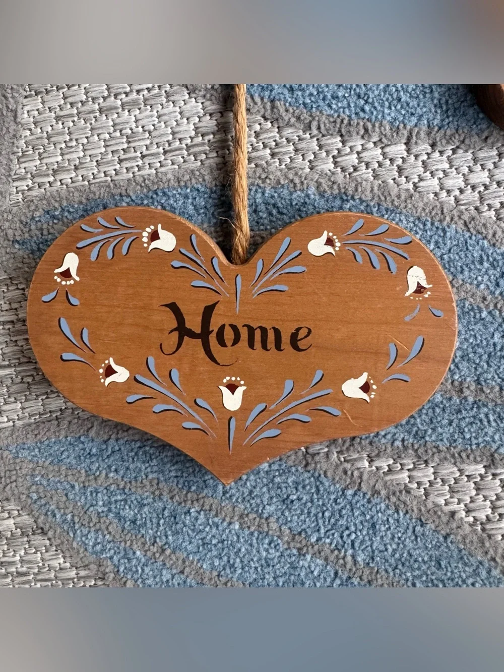 Vintage Country Cottage Wood Twine Heart Hanging Decor "Bless Our Home" Blue 90s - Picture 5 of 5